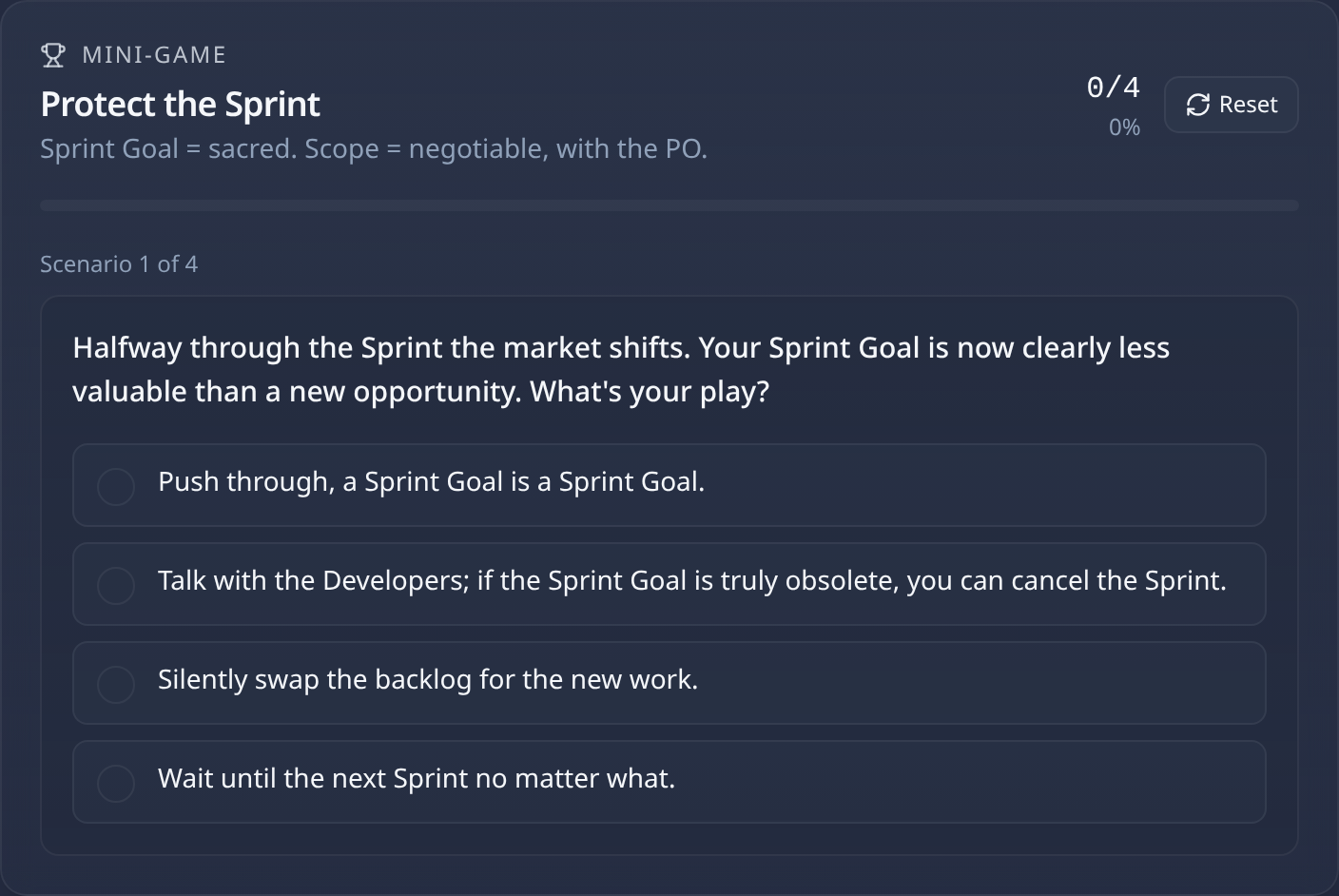 Scrumling Protect the Sprint mini-game showing a mid-Sprint scenario with four possible Product Owner responses