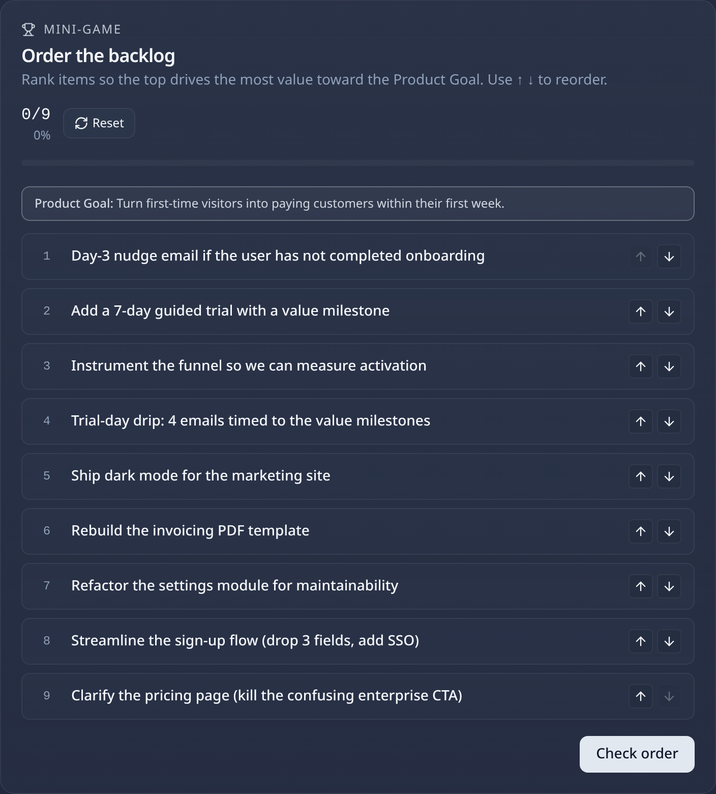 Scrumling Order the Backlog mini-game showing a Product Goal and nine backlog items being ranked